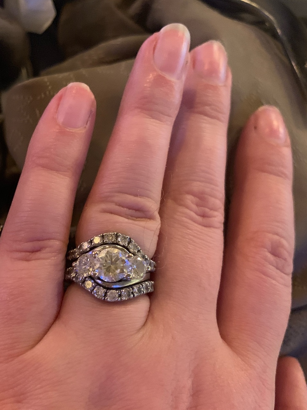 Custom Three Diamond Engagement Ring with 2 matching Wedding Bands. Appraised.